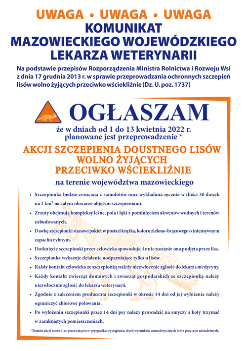 Wiosenna akcja szczepienia lisów wolno żyjących przeciwko wściekliźnie na terenie województwa mazowieckiego